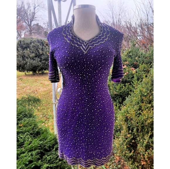 S/M 80s Royal Purple Beaded Glam Dress - Picture 1 of 8